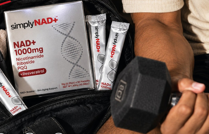 simplyNAD+ box and packets in a gym bag