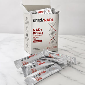 simplyNAD+ box and liquid NAD+ packet