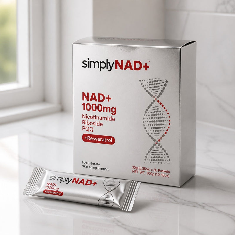 simplyNAD+ box and packet on a counter