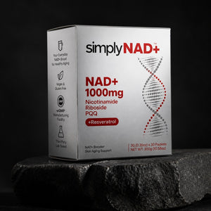 simplyNAD+ NAD+ supplement box on stone