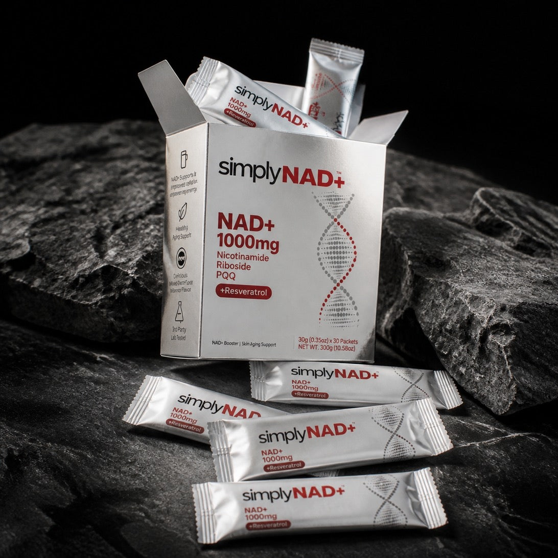simplyNAD+ liquid NAD+ shot — box with a berry nicotinamide riboside packet