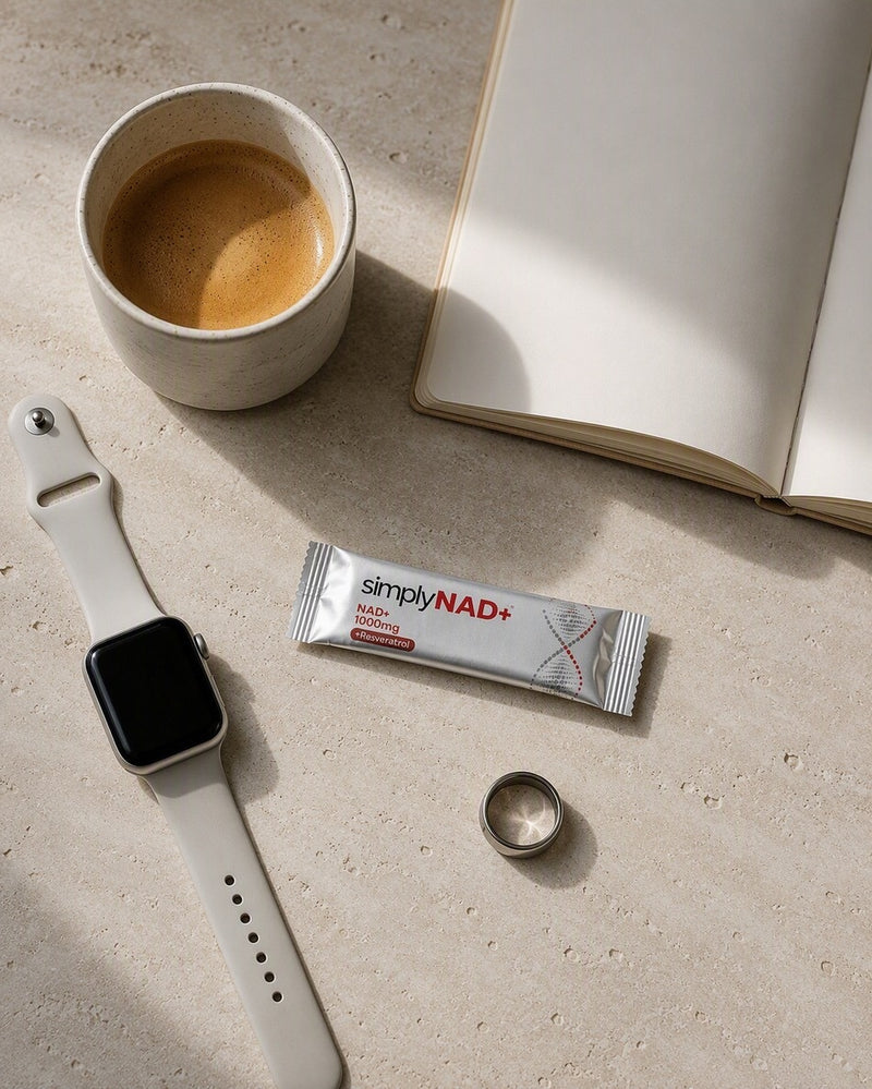 simplyNAD+ NAD+ packet next to a morning coffee