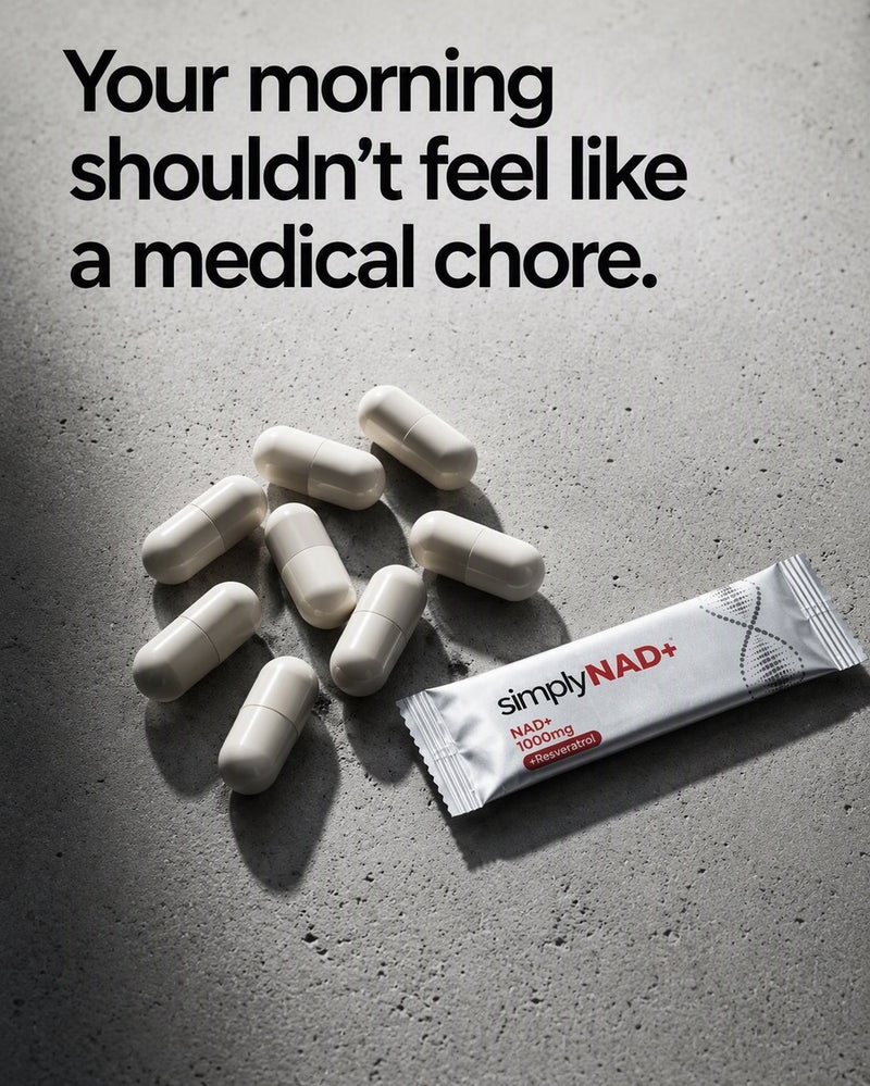 Your morning shouldn't feel like a medical chore — 8 capsules next to one simplyNAD+ packet