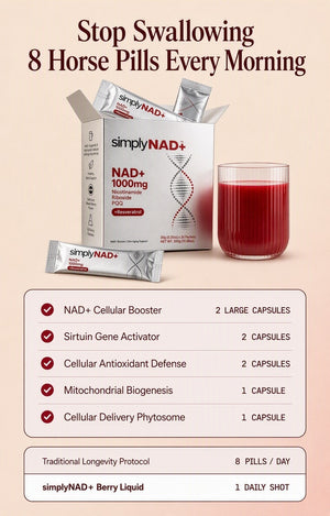 Stop swallowing 8 horse pills every morning — simplyNAD+ replaces 8 capsules with 1 daily berry shot